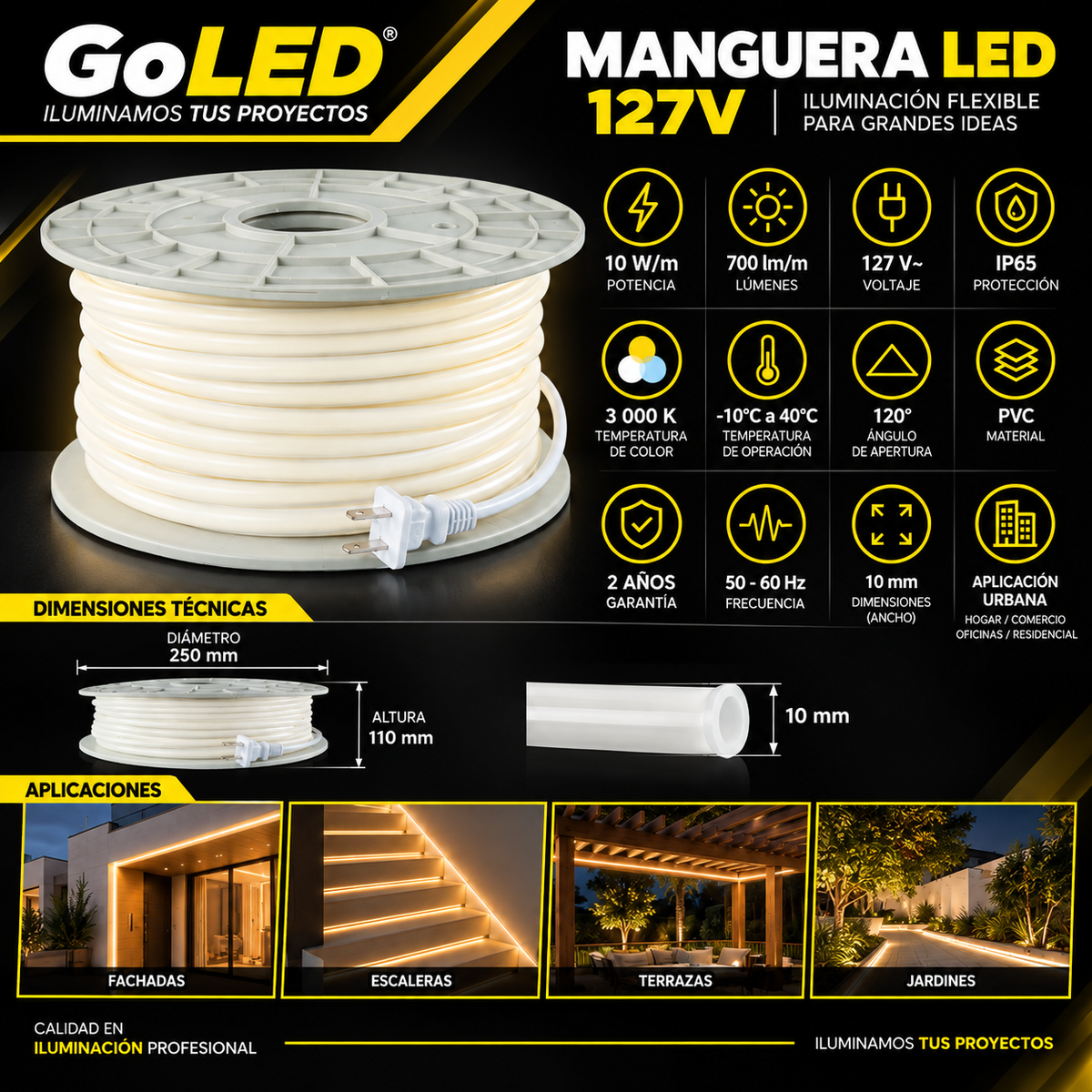Manguera LED SCOB Opal 50m 10W/m IP65 para Exterior 3000K