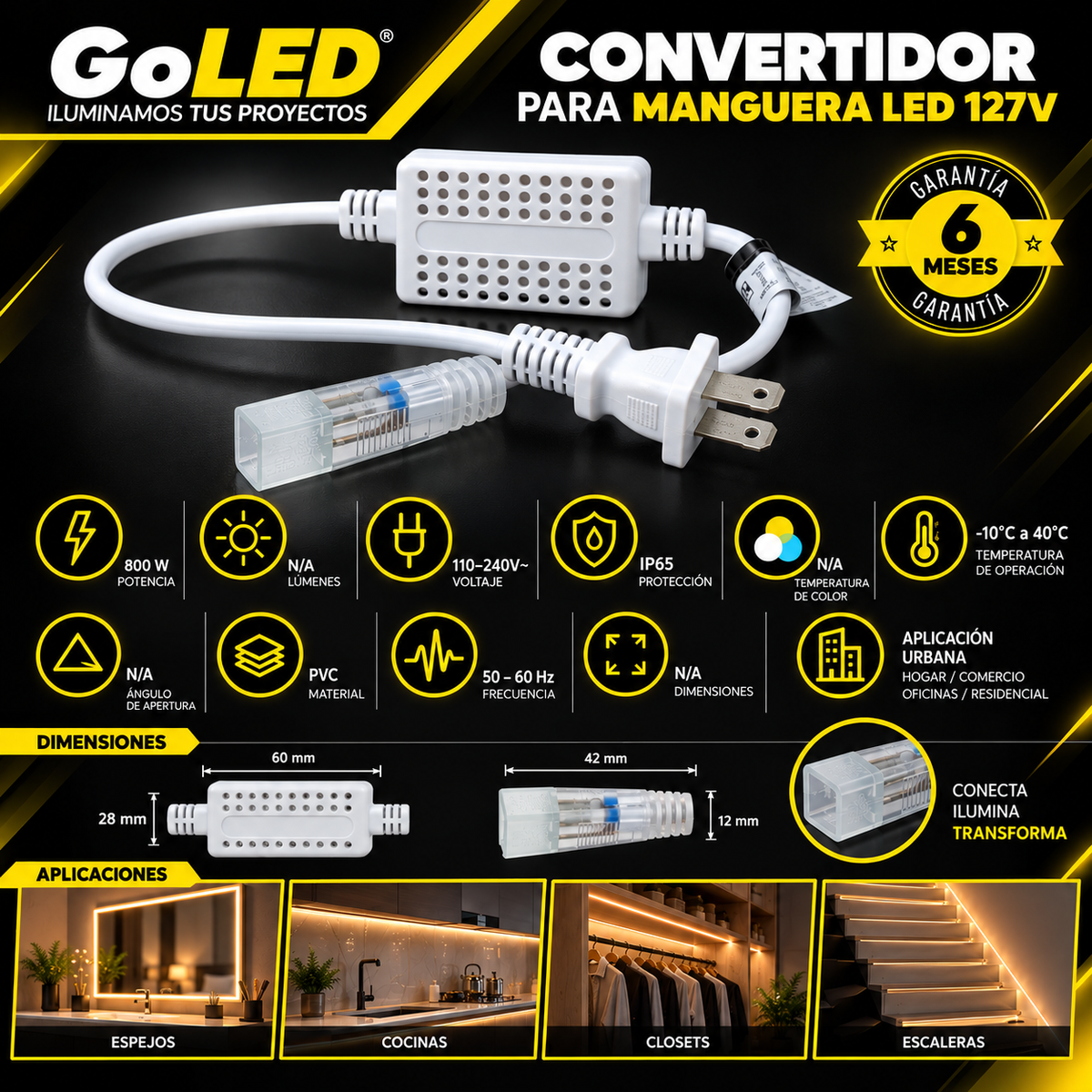 Convertidor 800W para Conectar Tira LED a Corriente 127V