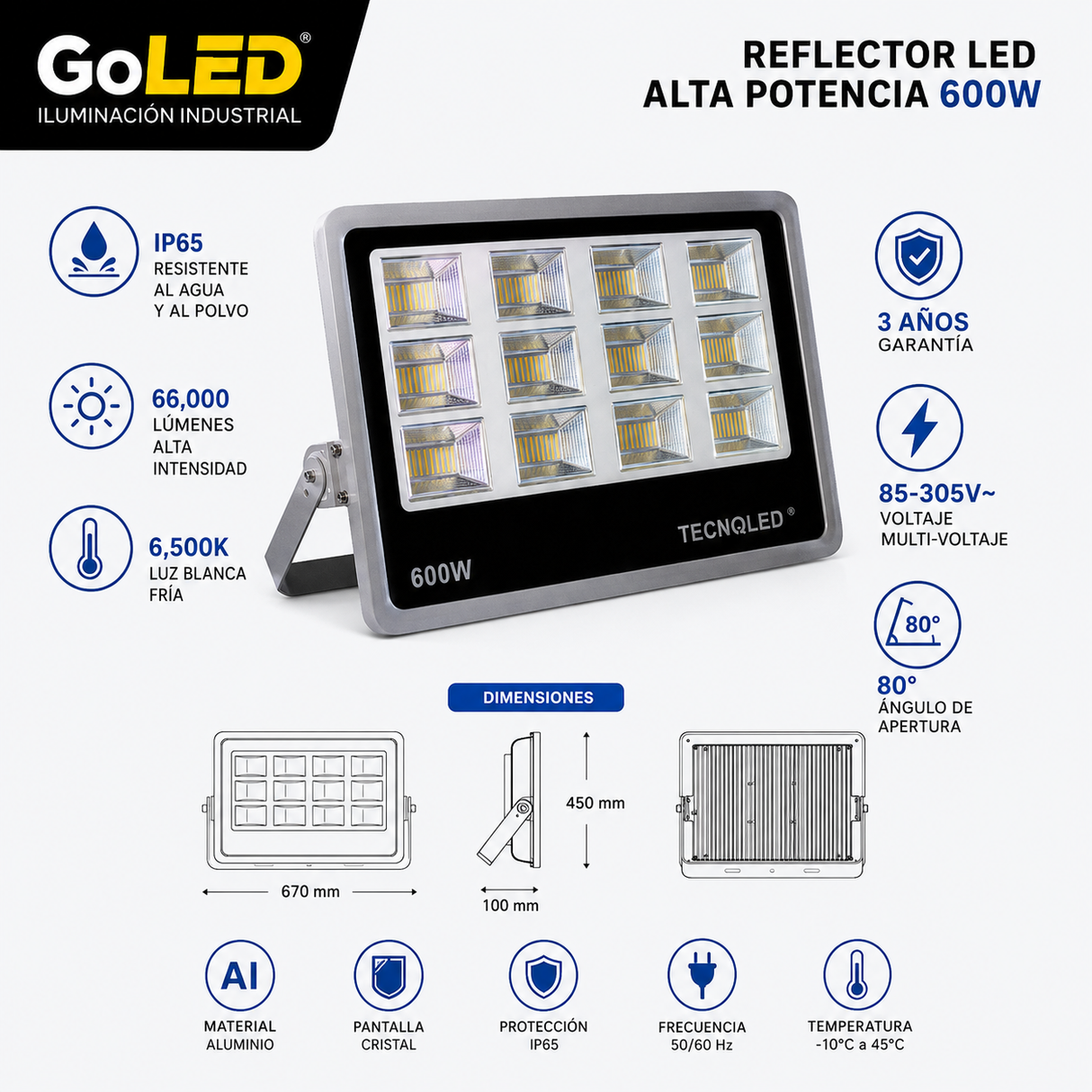 Reflector LED Industrial 600W IP65 Alta Potencia Exterior