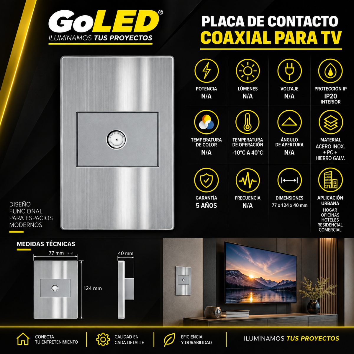 Placa de Contacto Coaxial para TV Metálica de Interior IP20