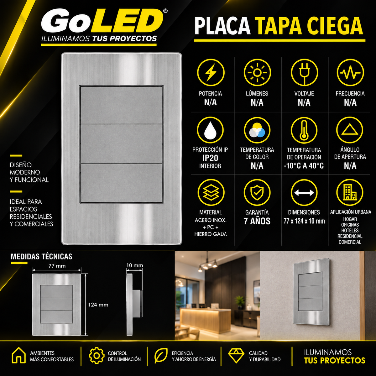 Placa Tapa Ciega Metálica para Interior IP20 Acabado Plateado