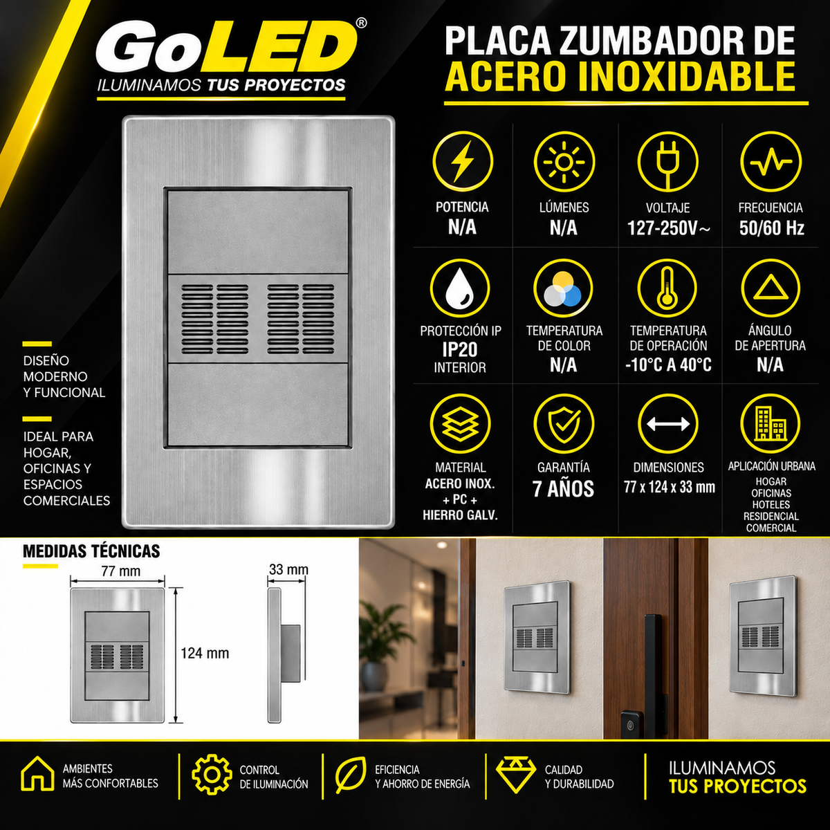 Placa con Zumbador de Acero Inoxidable 127-250V Interior
