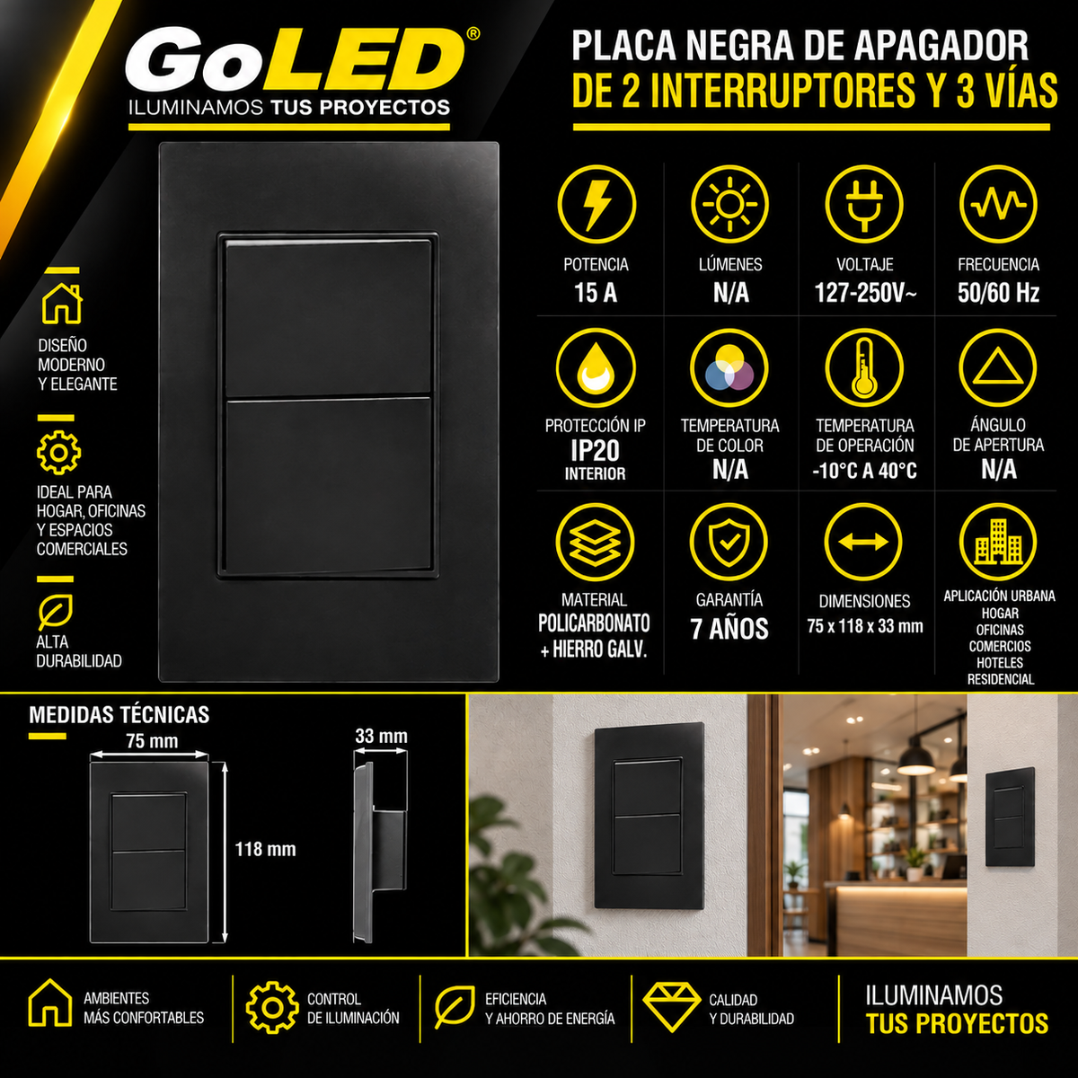 Placa Negra de Apagador Doble de 3 Vías Negro 15A 127-250V para Interior