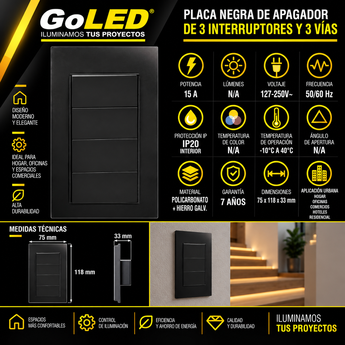 Placa Apagador Triple de 3 Vías Negro 15A 127-250V para Interior