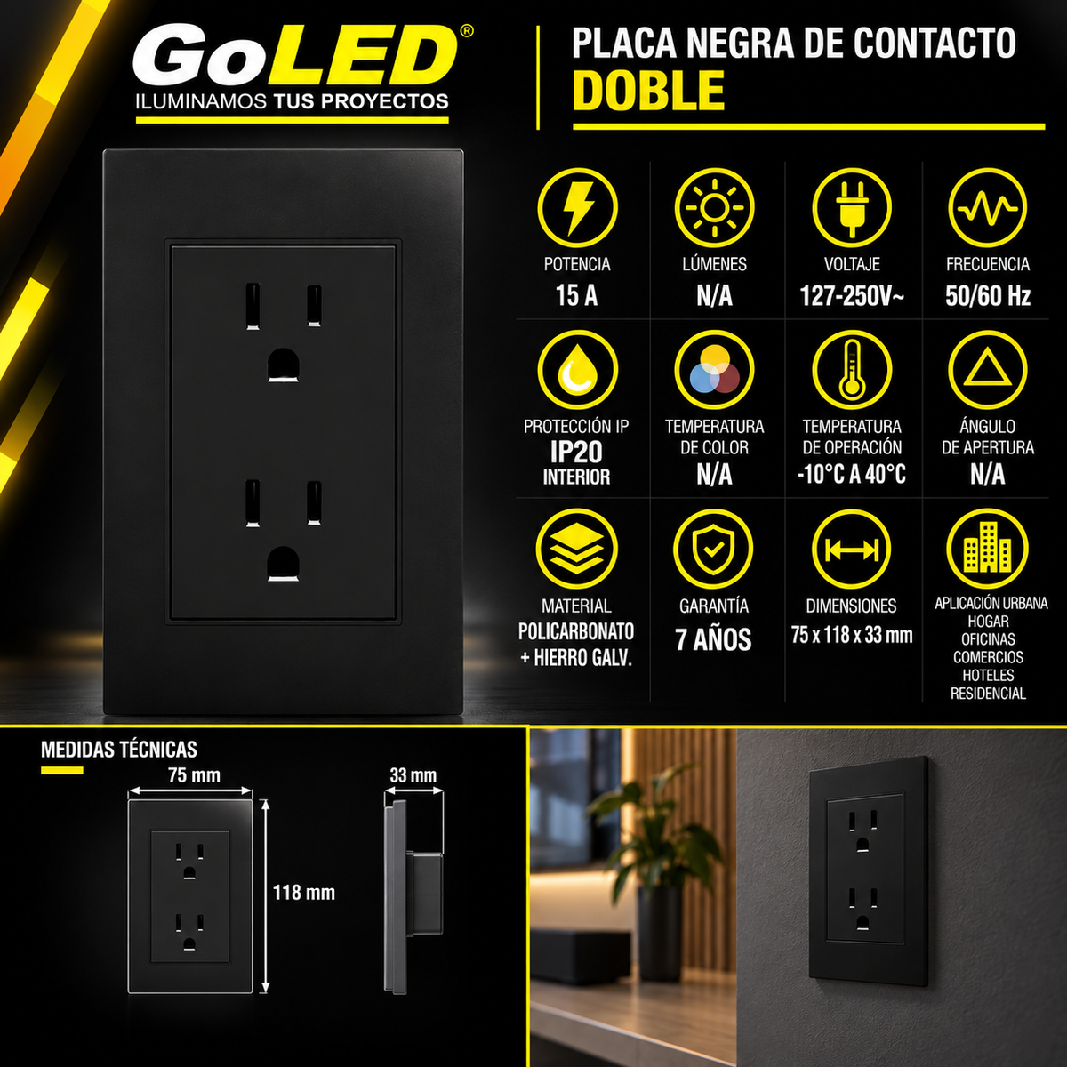 Placa Negra de Contacto Doble 15A 127-250V para Interior IP20
