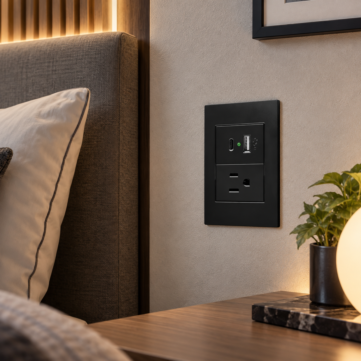 Placa de Contacto con USB-A y USB-C Negro 15A 127-250V para Interior