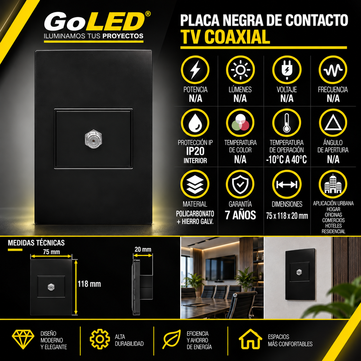 Placa Coaxial para TV Negra de Interior IP20