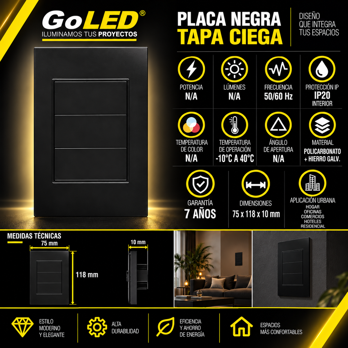 Placa Tapa Ciega Negra IP20 para Instalaciones de Interior