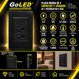 Placa 2 Contactos con Apagador 3 Vías Negra 15A 127-250V