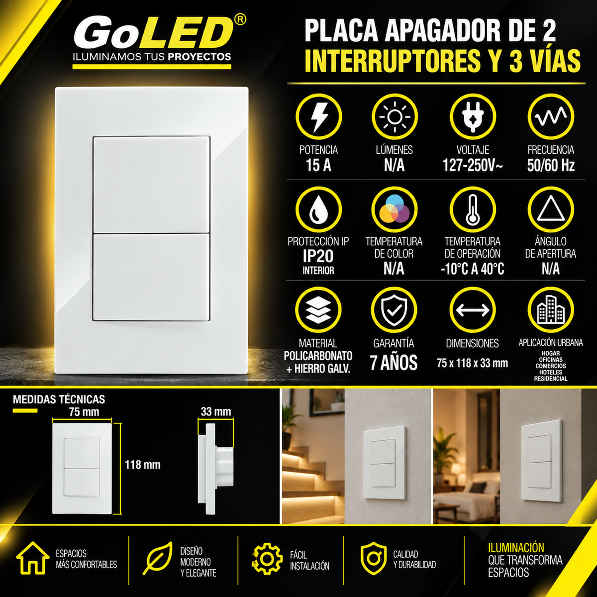 Placa Apagador Doble de 3 Vías Blanco 15A 127-250V Interior IP20