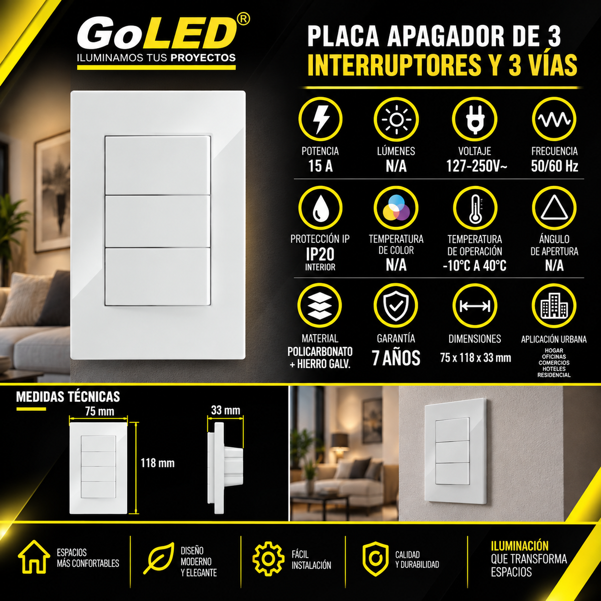 Placa Apagador Triple de 3 Vías Blanco 15A 127-250V Interior IP20