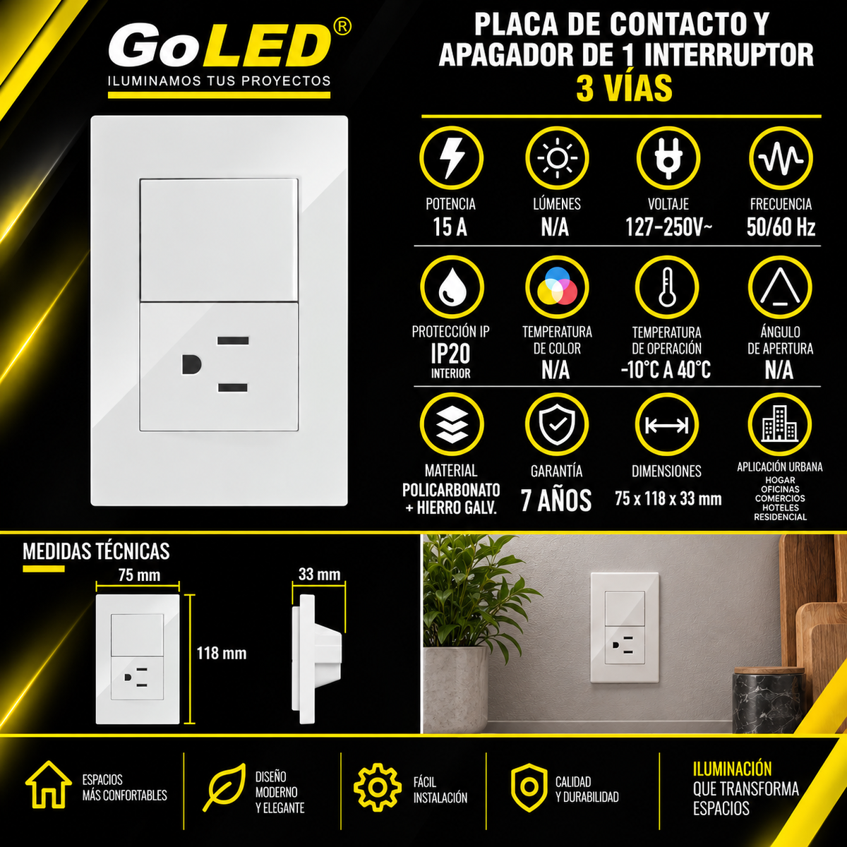 Placa Contacto con Apagador 1 interruptor 3 Vías Blanco 15A 127-250V Interior