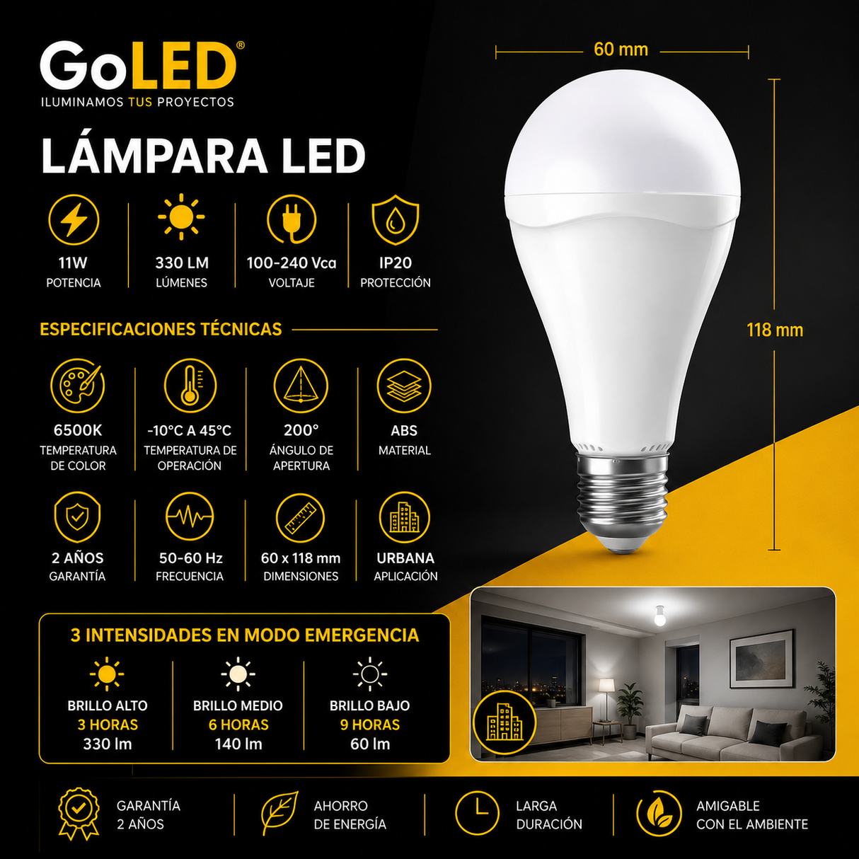 Lámpara LED de Emergencia Recargable 11W 330 lm ML-BULEM-11W