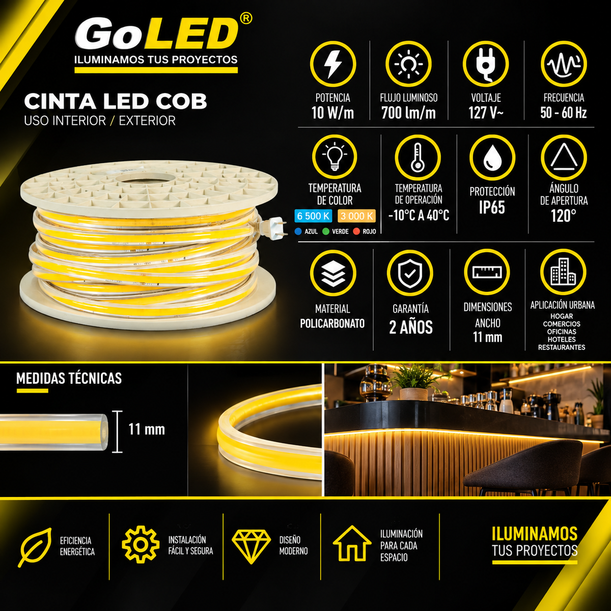 Manguera LED SCOB 50m 10W/m IP65 Atenuable para Exterior 127V