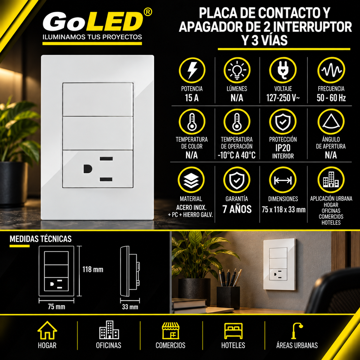 Placa Contacto con Apagador Doble 3 Vías Blanco 15A 127-250V