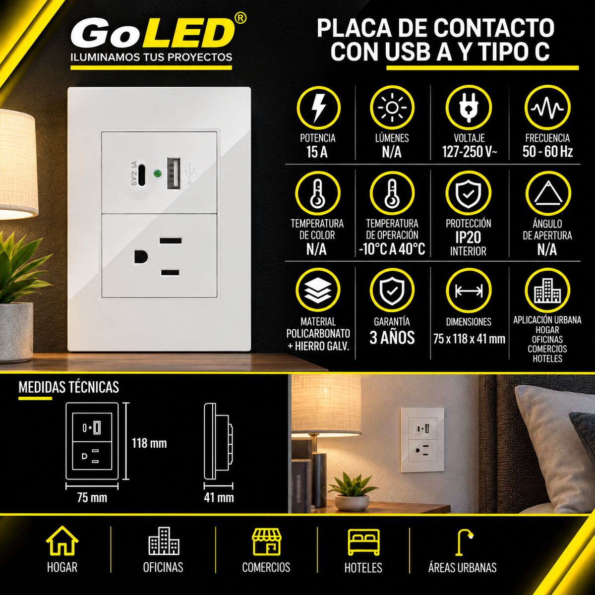Placa Contacto con USB-A y USB-C Blanco 15A 127-250V Interior