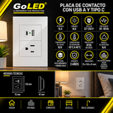 Placa Contacto con USB-A y USB-C Blanco 15A 127-250V Interior