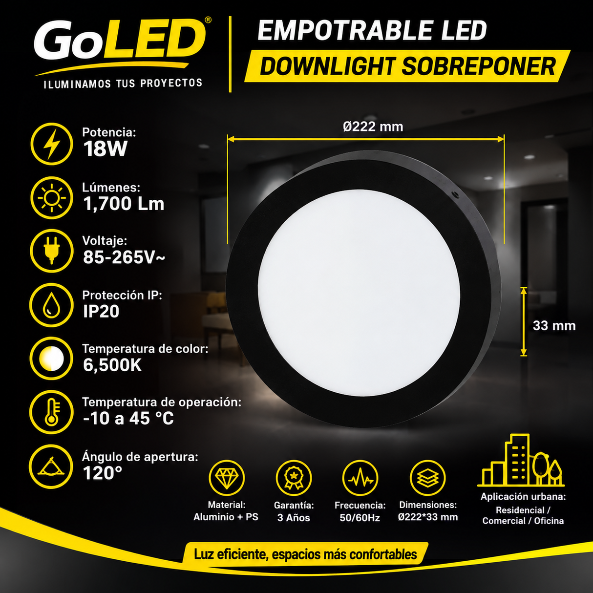 Plafon LED de Sobreponer 18W Negro 6500K Luz Fría