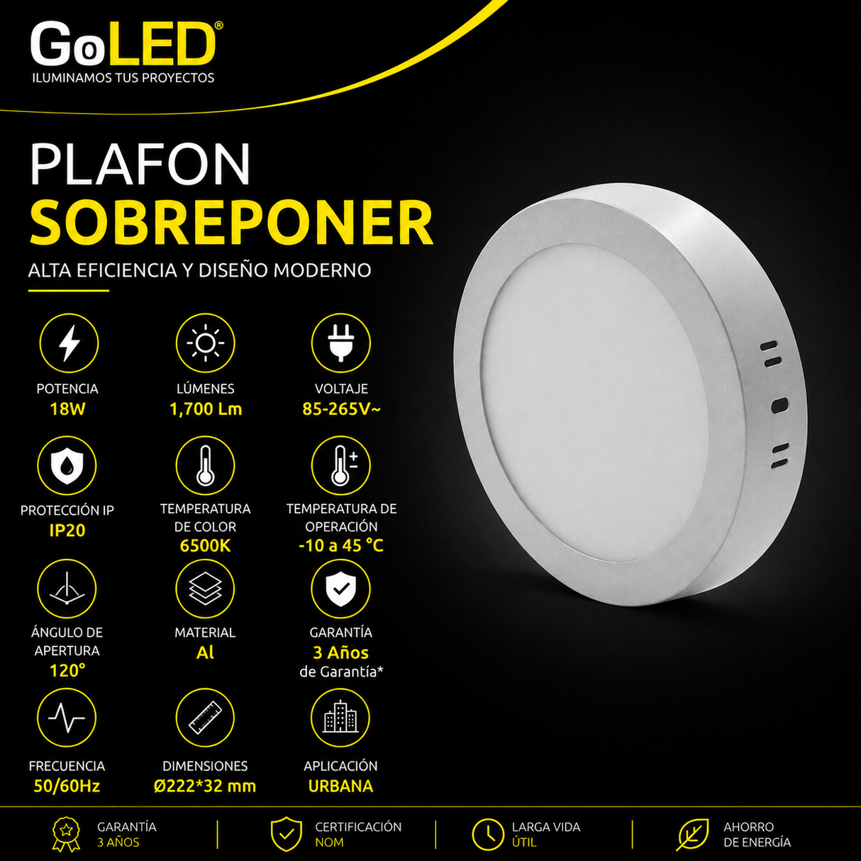 Plafon LED de Sobreponer 18W Blanco 6500K Luz Fría