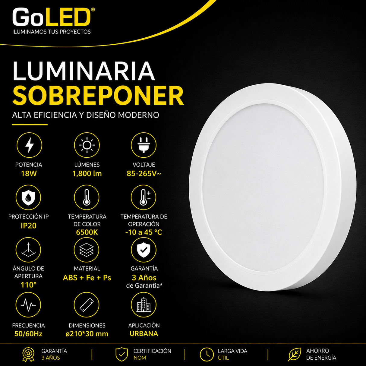 Luminaria LED de Sobreponer 18W Blanco 6500K 1800 lm