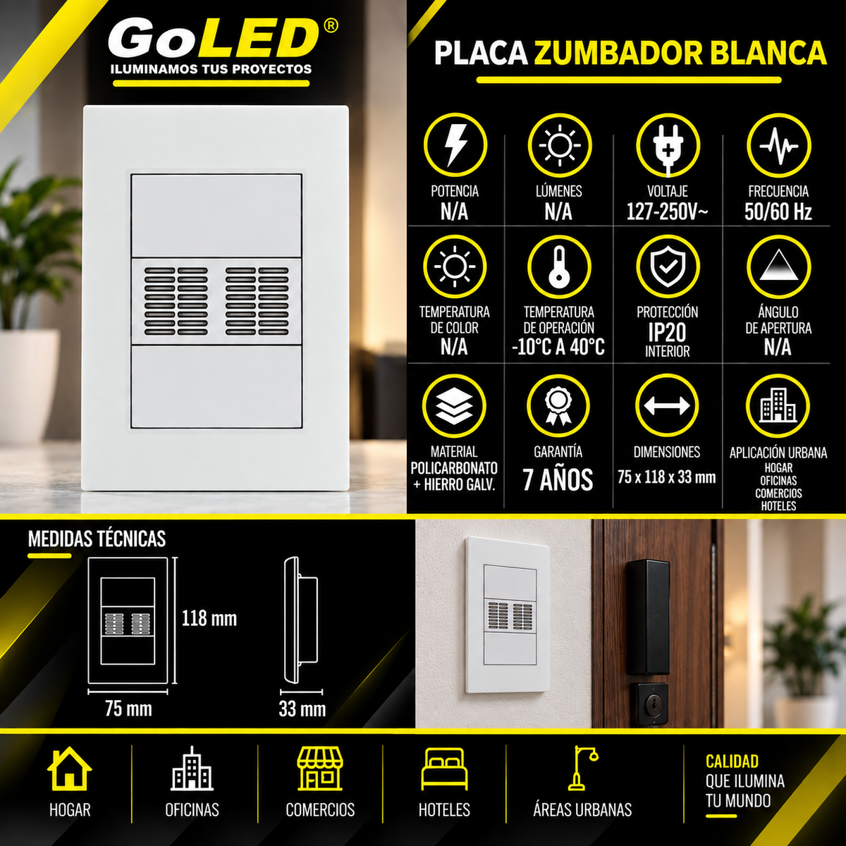 Placa con Zumbador Blanca 15A 127-250V para Interior IP20