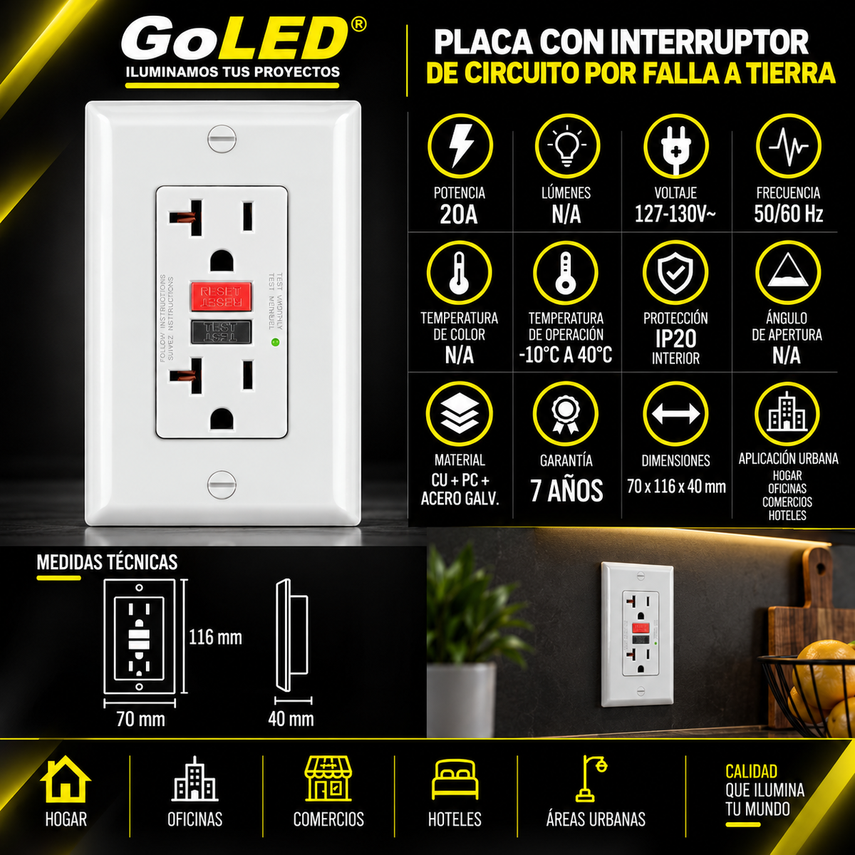 Contacto GFCI Doble 20A 125V con Protección de Falla a Tierra
