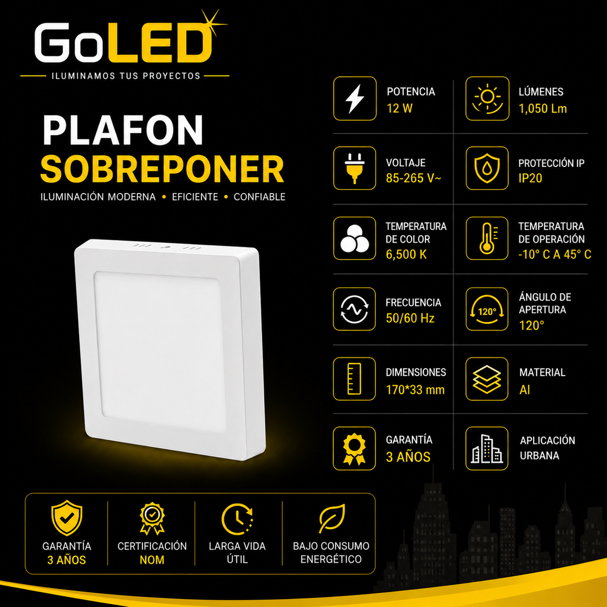 Plafon LED Cuadrado de Sobreponer 12W Blanco Luz Fría 6500K