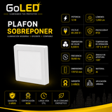 Plafon LED Cuadrado de Sobreponer 12W Blanco Luz Fría 6500K
