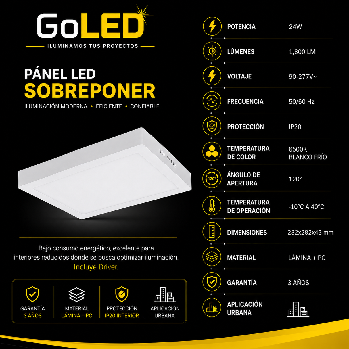 Panel LED Cuadrado de Sobreponer 24W Blanco Frío 6500K