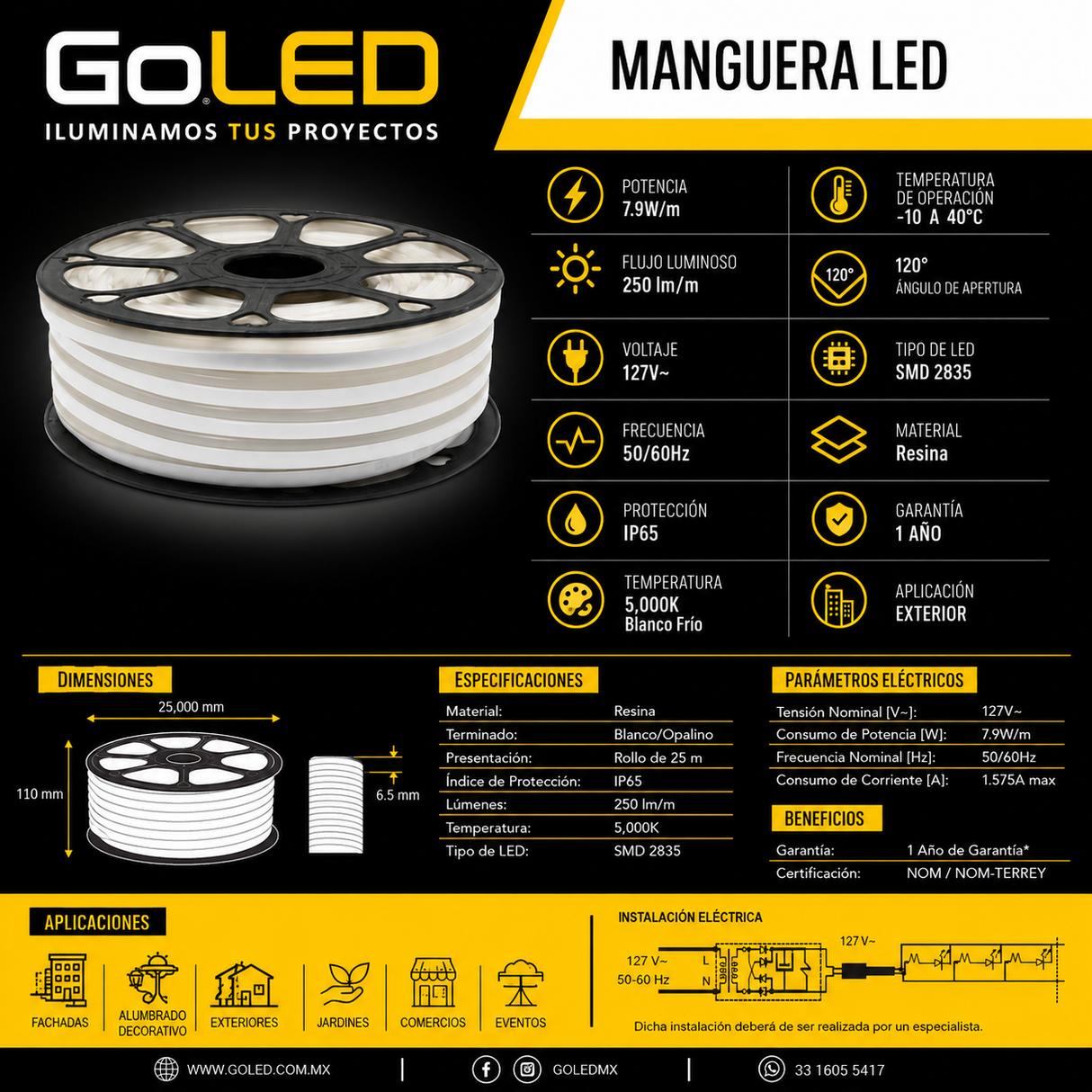 Manguera LED Neón Flexible 25m Blanco 5000K IP65 ML-NEON-BB