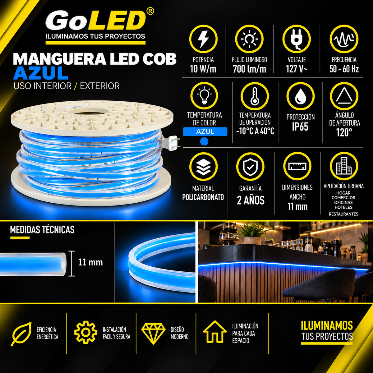 Manguera LED COB Azul 50m IP65 10W/m 127V para Interior y Exterior