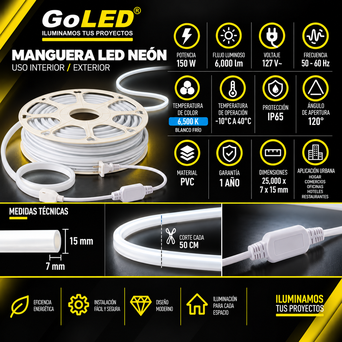 Manguera LED Neón 2835 - 25m 150W IP65 Blanco Frío para Exterior