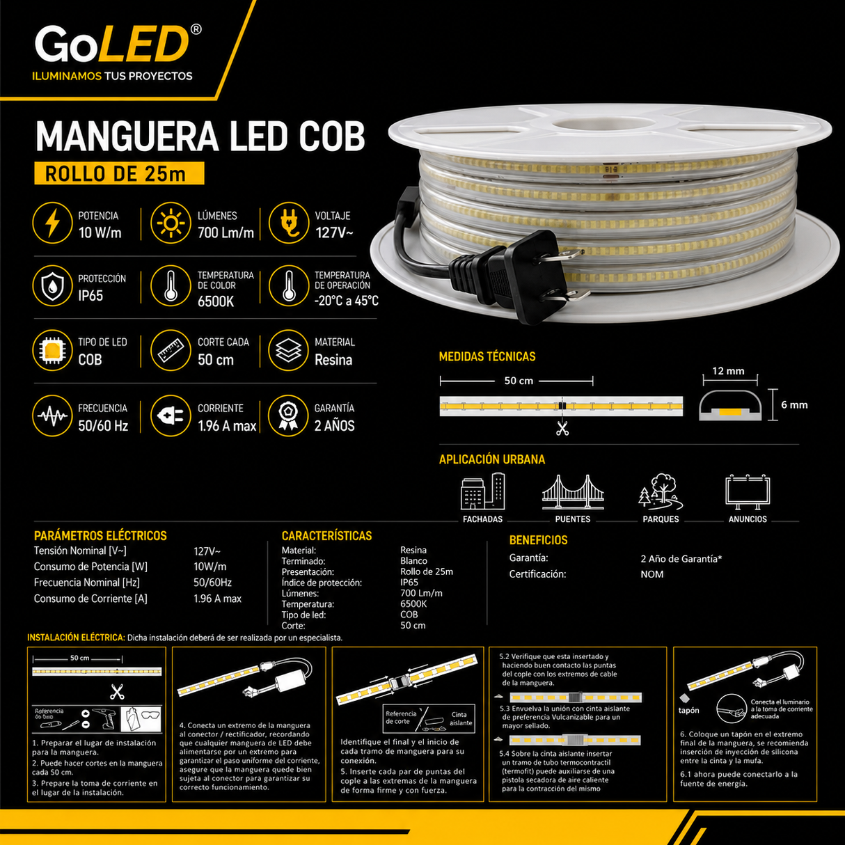 Manguera LED COB 25m Blanco Frío 6500K IP65 ML-MLCOB-BB