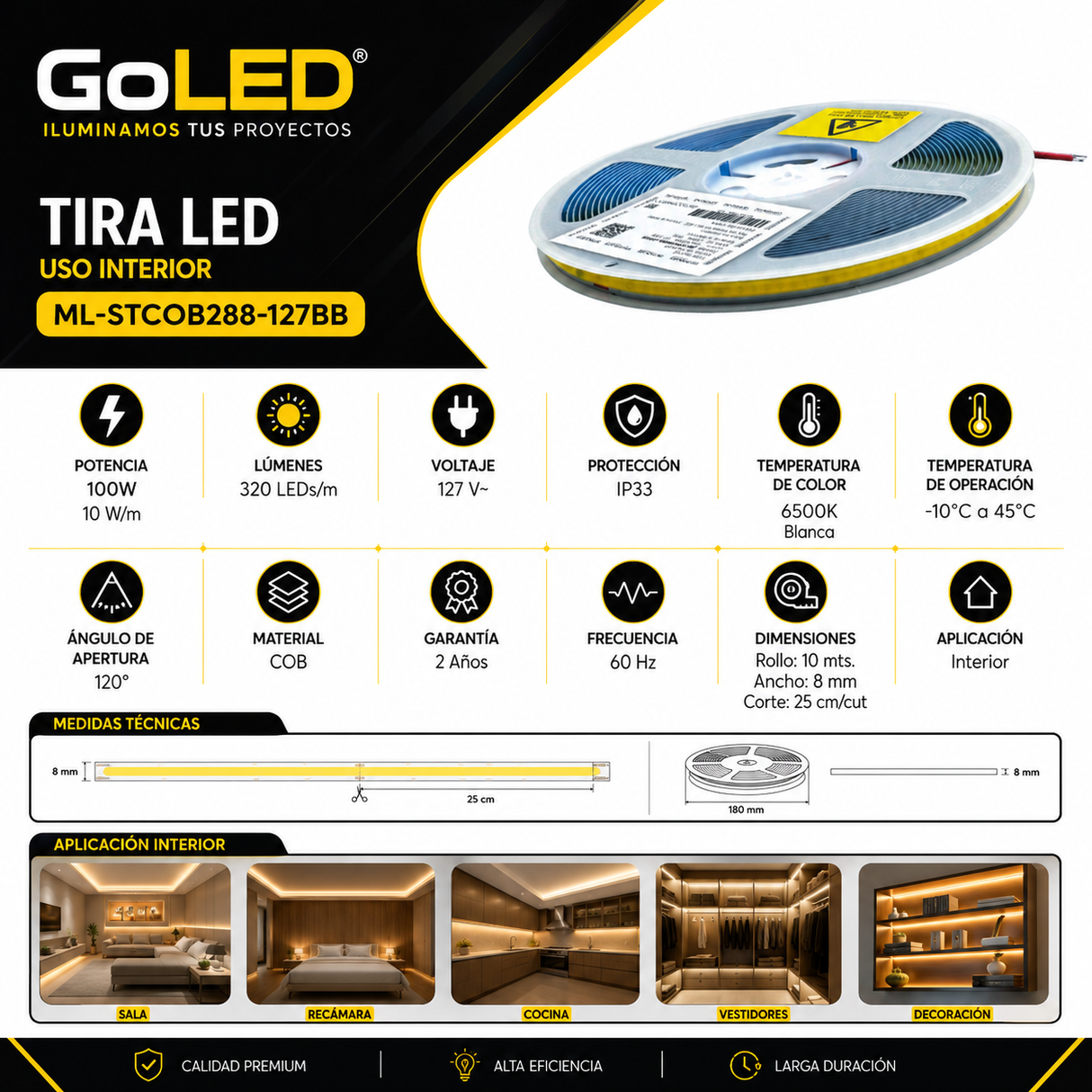 Tira LED COB 10m 100W Blanco Frío 6500K IP33 ML-STCOB288-127BB