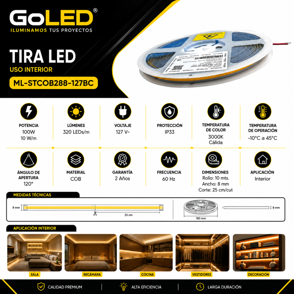 Tira LED COB 10 Metros 100W Blanco Cálido 3000K IP65 ML-STCOB288-127BC-IP65