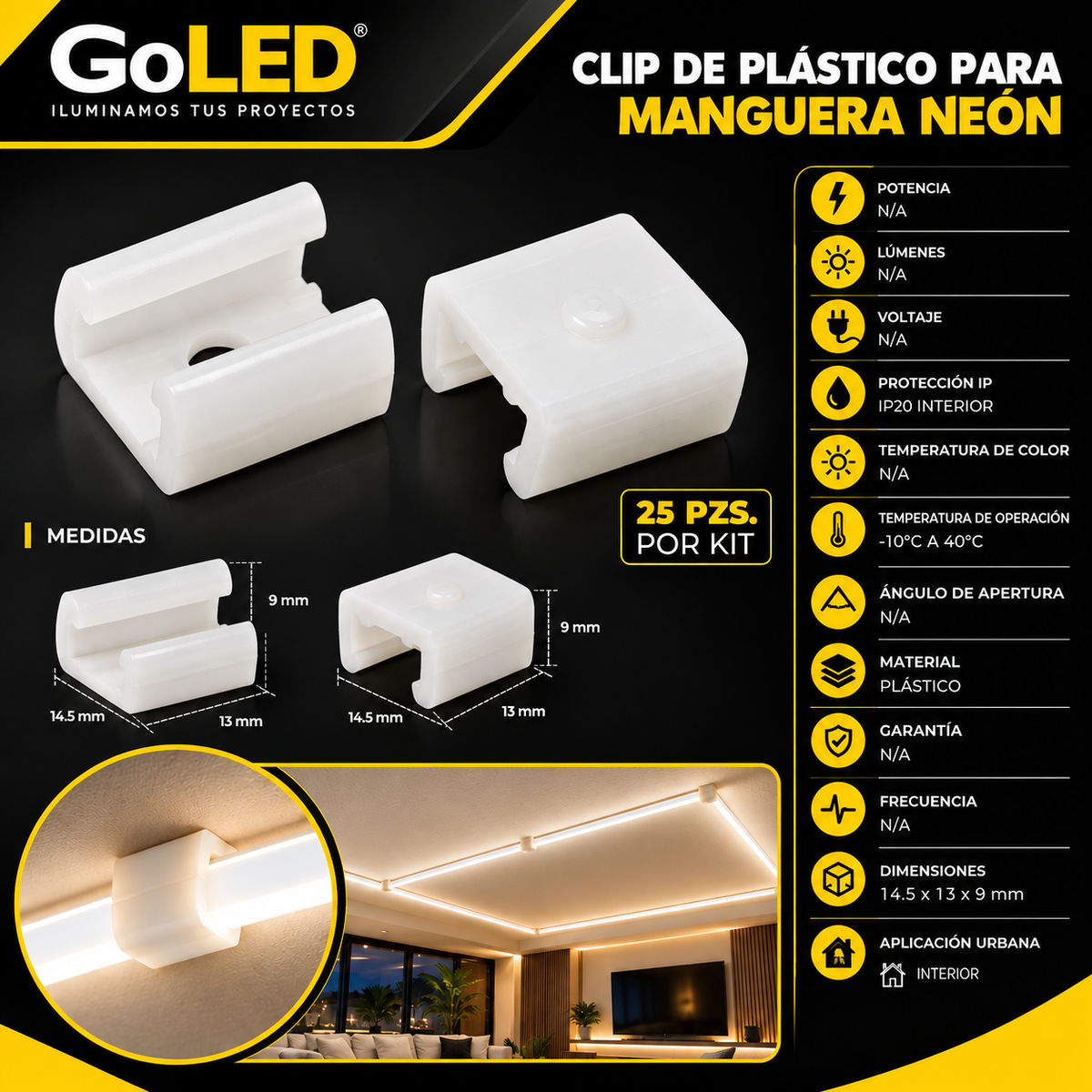 Kit 25 Clips para Manguera LED Neón de Instalación Interior