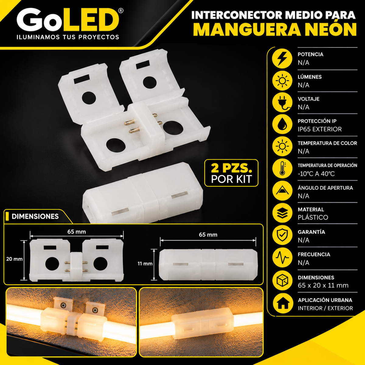 Interconector para Manguera LED Neón IP65 Exterior Kit 2 Pzs