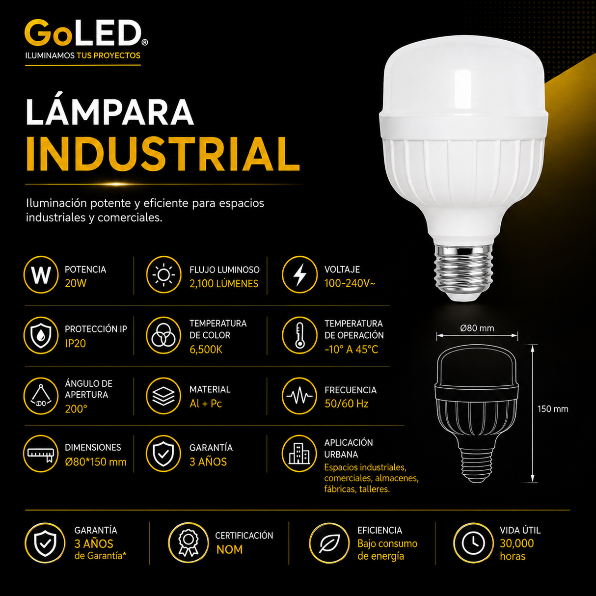 Lámpara LED Industrial 20W 2100 Lúmenes E27 Luz Fría