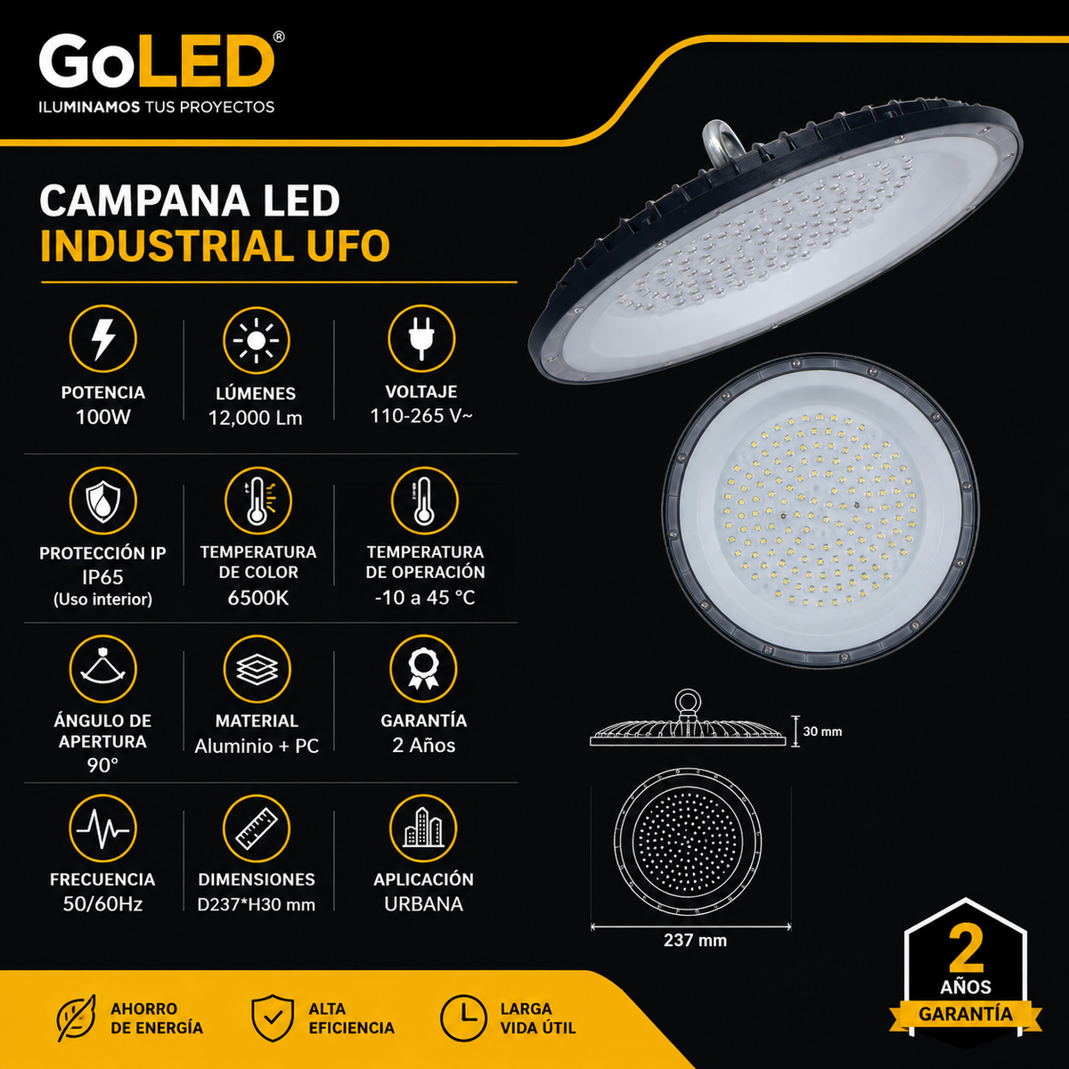 Campana LED Industrial 100W 12000 Lúmenes para Almacenes