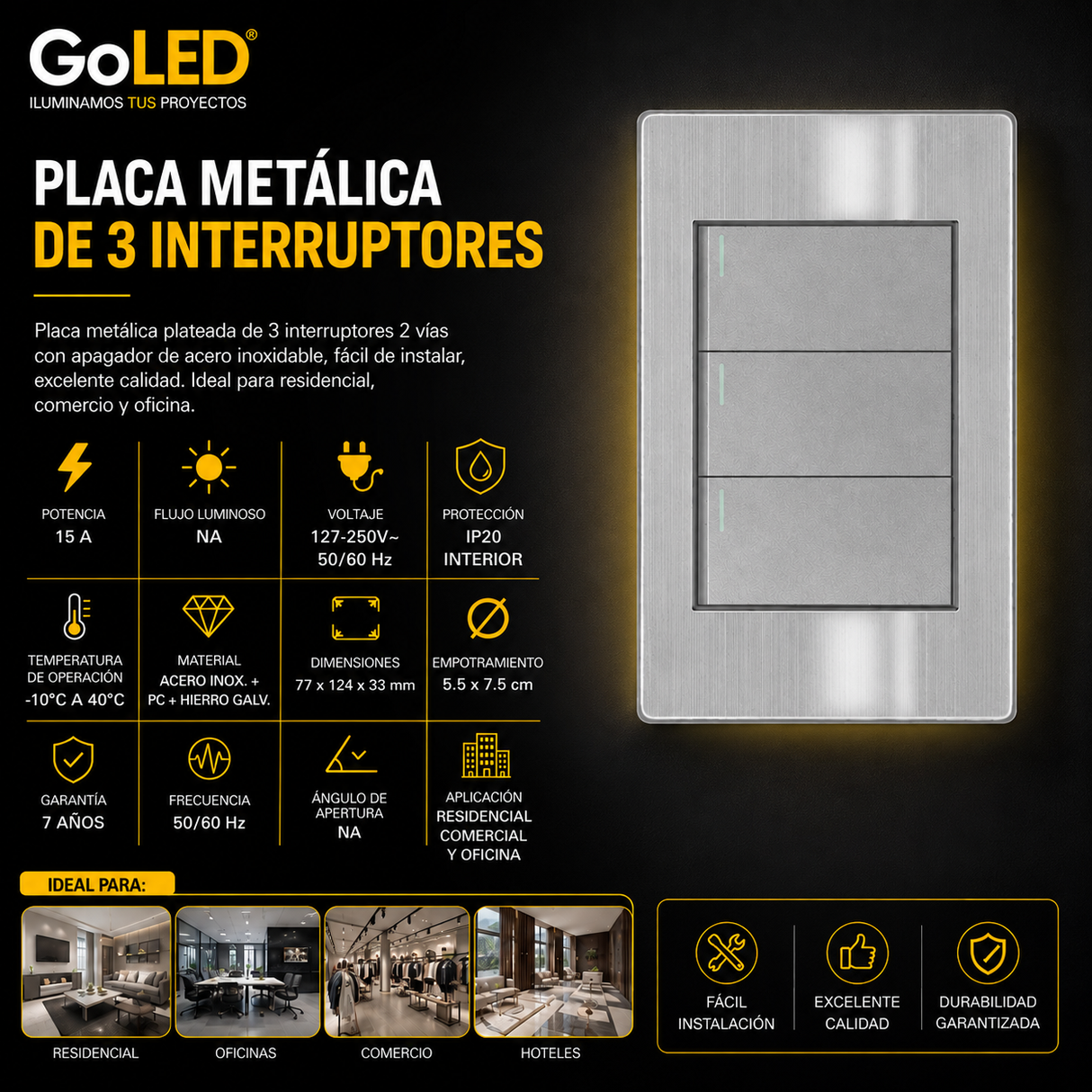 Placa Apagador Triple de Acero Inoxidable 15A para Interior