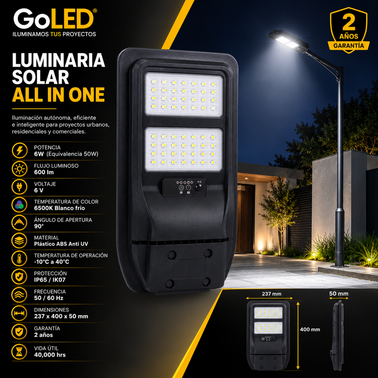 Luminaria Solar LED Punta Poste 600 Lúmenes con Sensor PIR