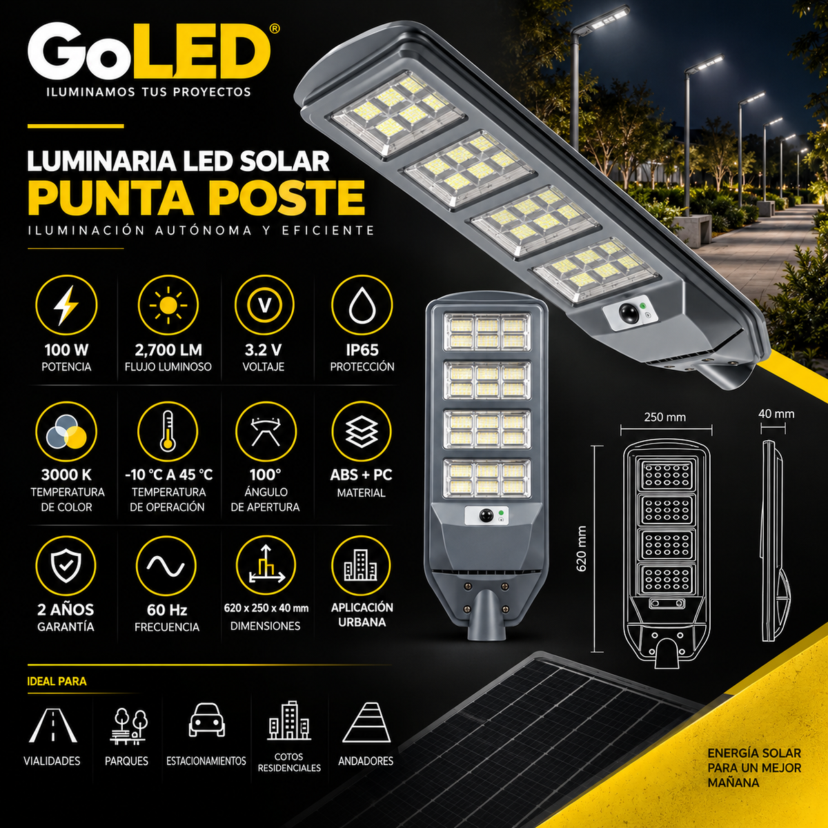 Luminaria Solar LED Urbana 2,700 lm 3CCT IP65 con Sensor