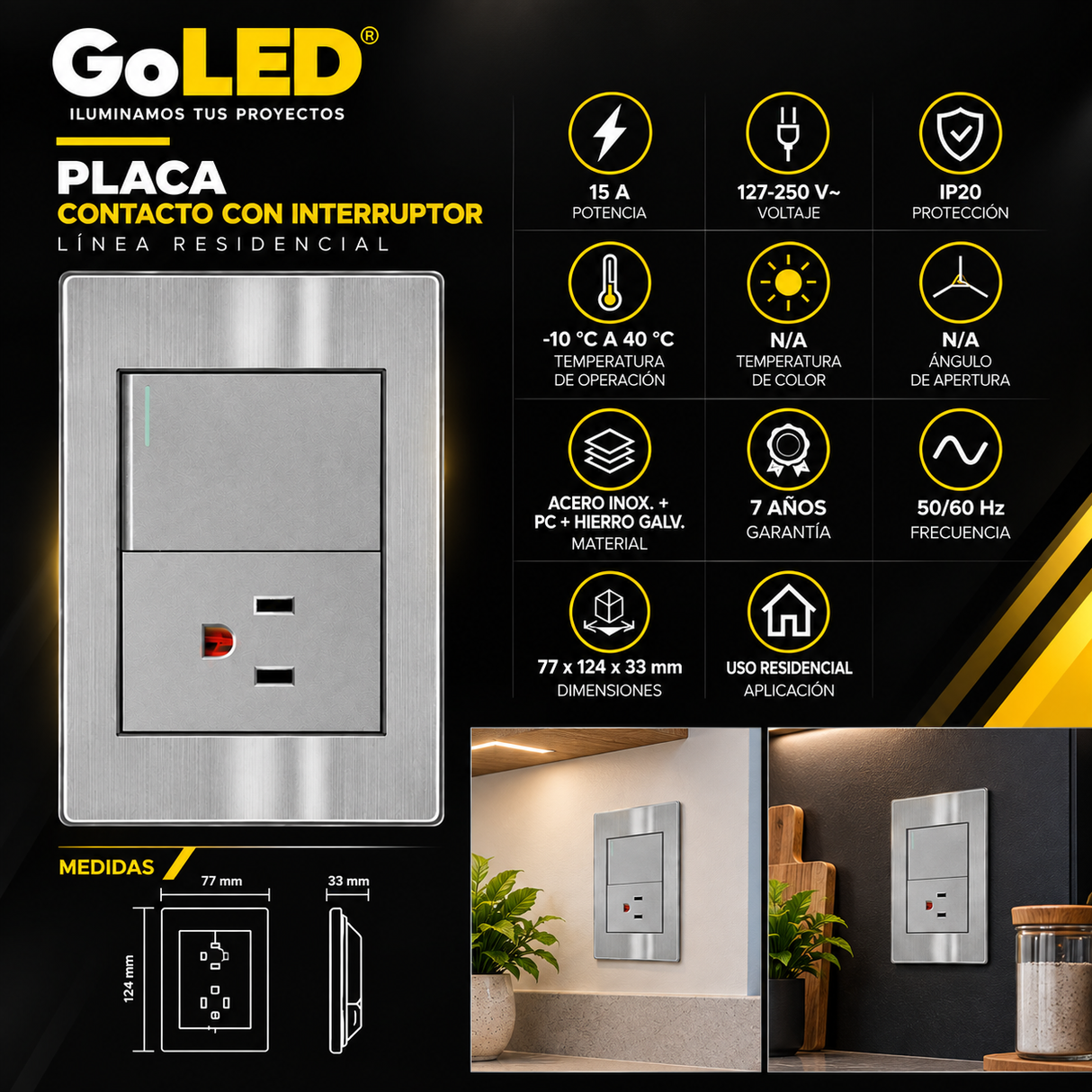 Placa con Contacto y Apagador de 2 Vías para Interior