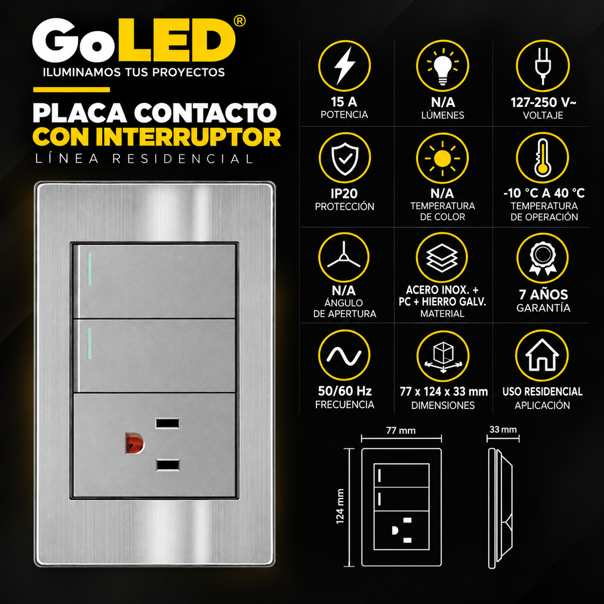 Placa con Contacto y Doble Apagador de 3 Vías