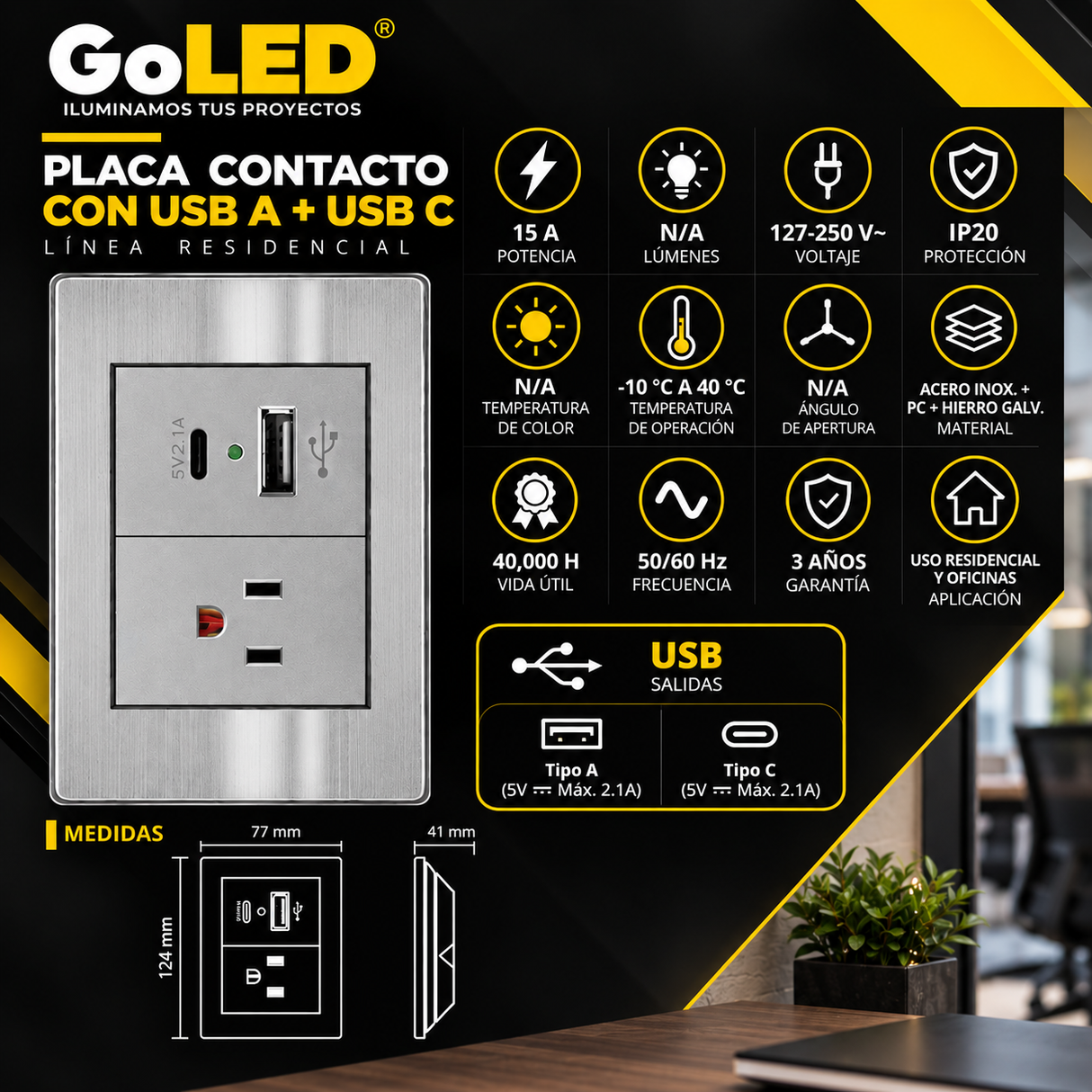 Placa con Contacto y USB Tipo A y C para Interior