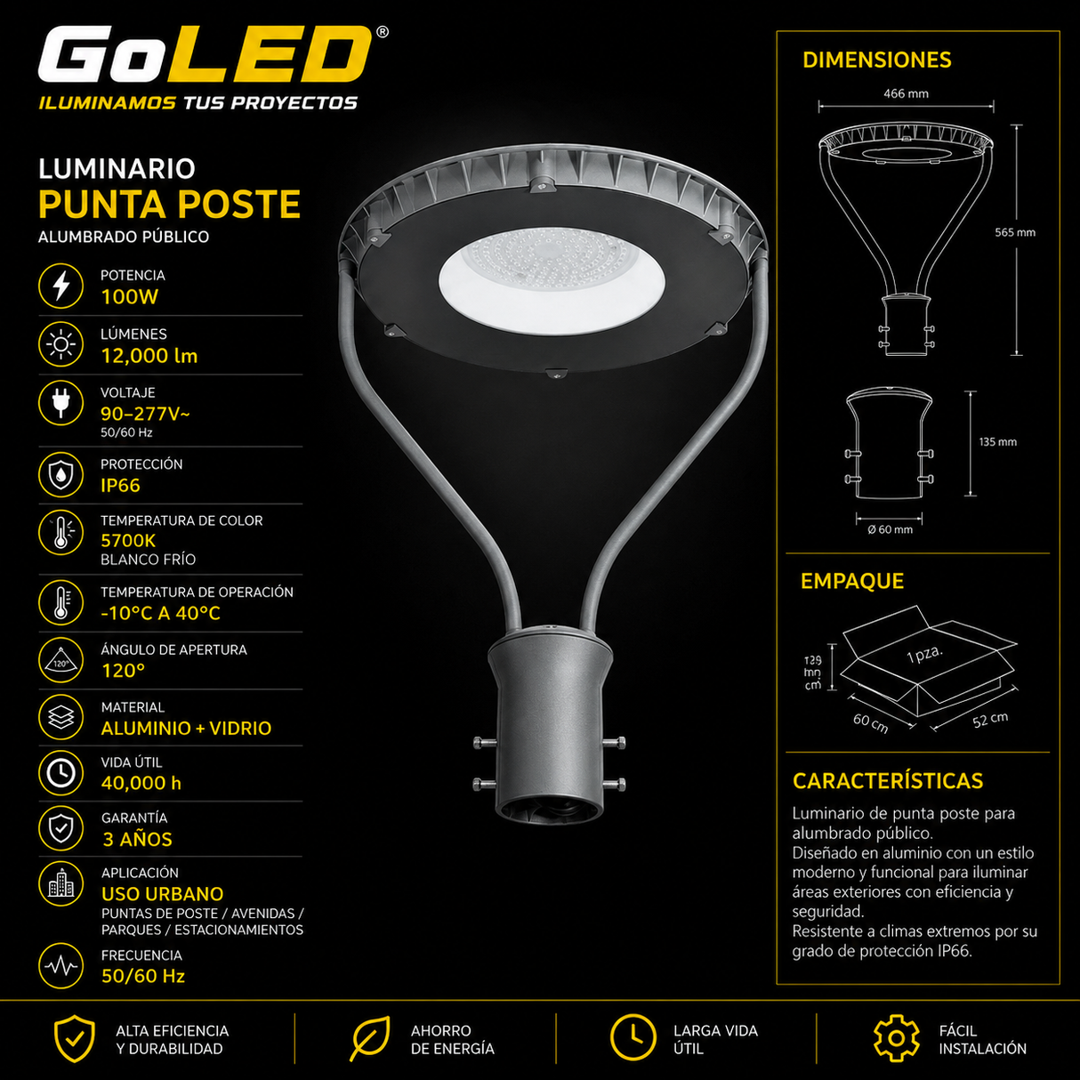 Luminaria Punta Poste LED 100W IP66 12000 lm ARE-024