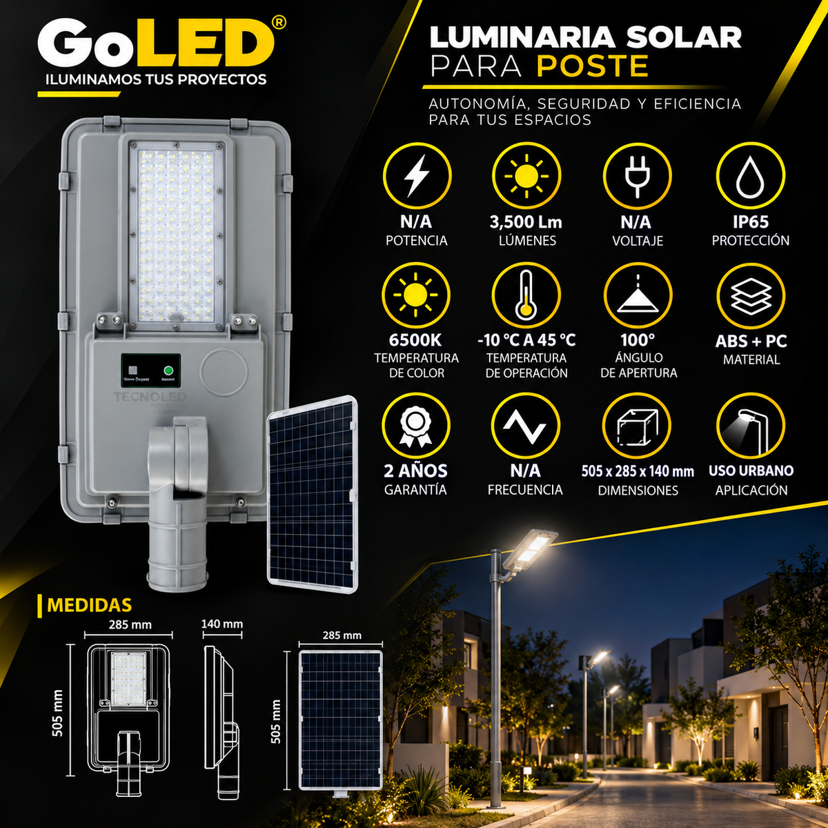 Luminaria Solar LED para Exterior 3,500 lm IP65