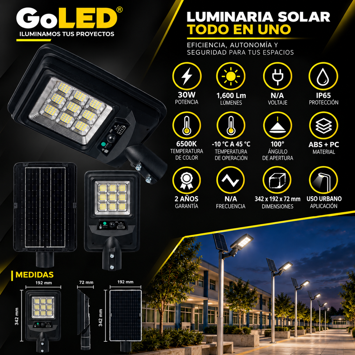 Luminaria Solar LED con Sensor 1,600 lm IP65