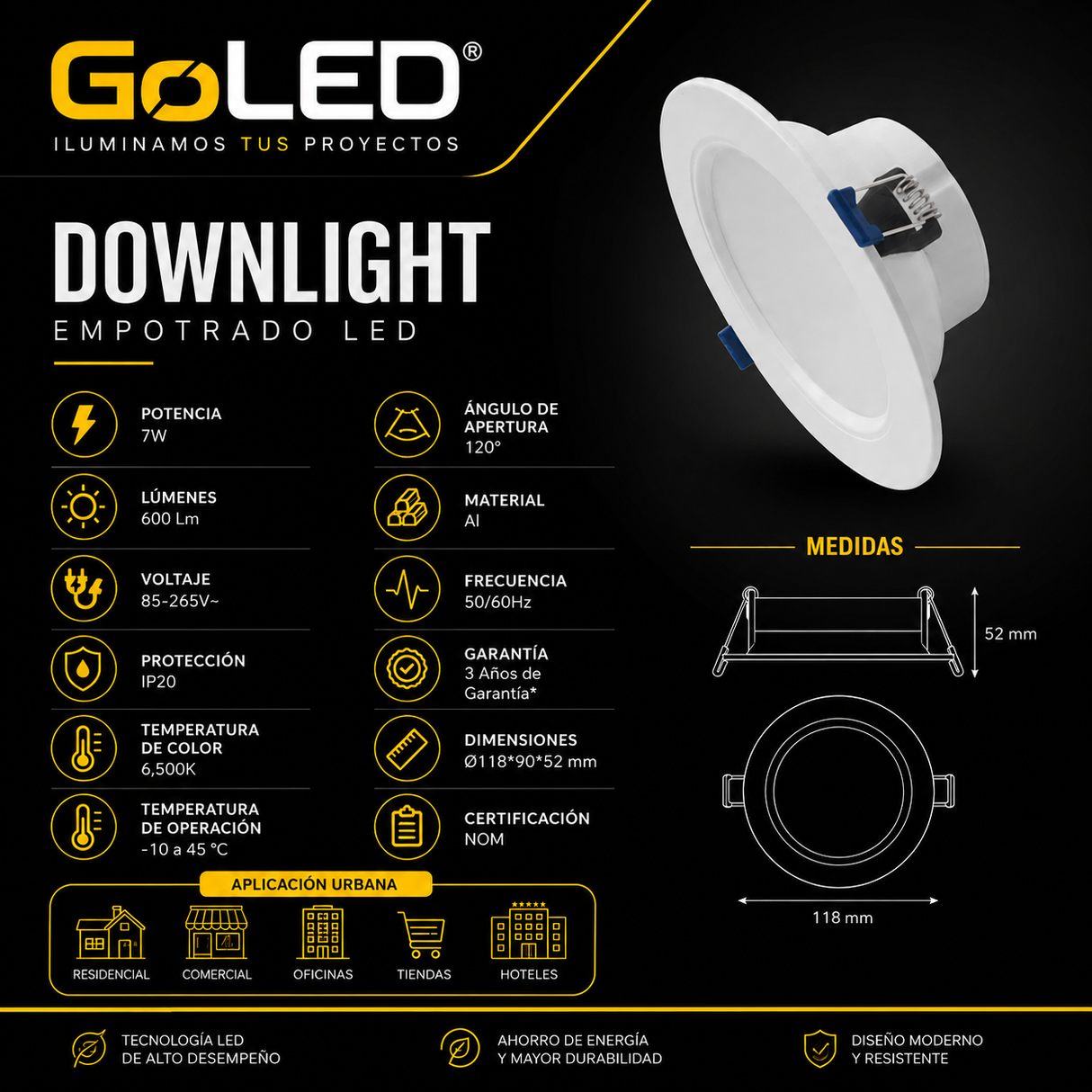 Empotrable LED Downlight LED 7W Luz Fría 6500K para Interiores
