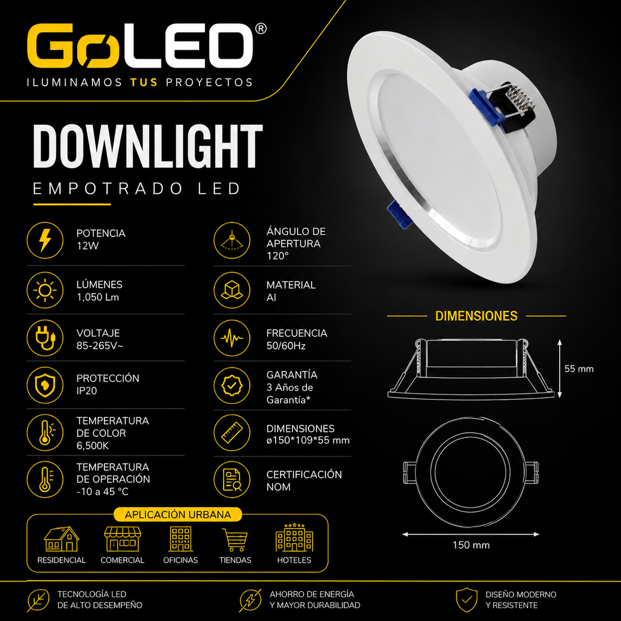 Empotrable LED Downlight 12W 6500K con Aro Satín Interior